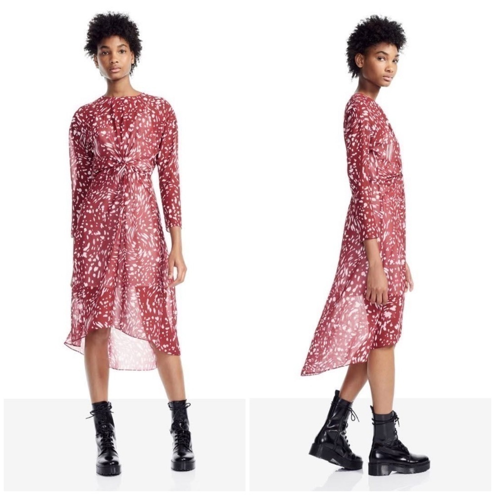 MAJE Rivole White & Burgundy Printed Georgette Twist Front High-lo Sheer Dress